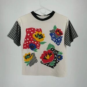 Vintage 70s Almond Floral Picnic Ringer T-Shirt Size Small Women's